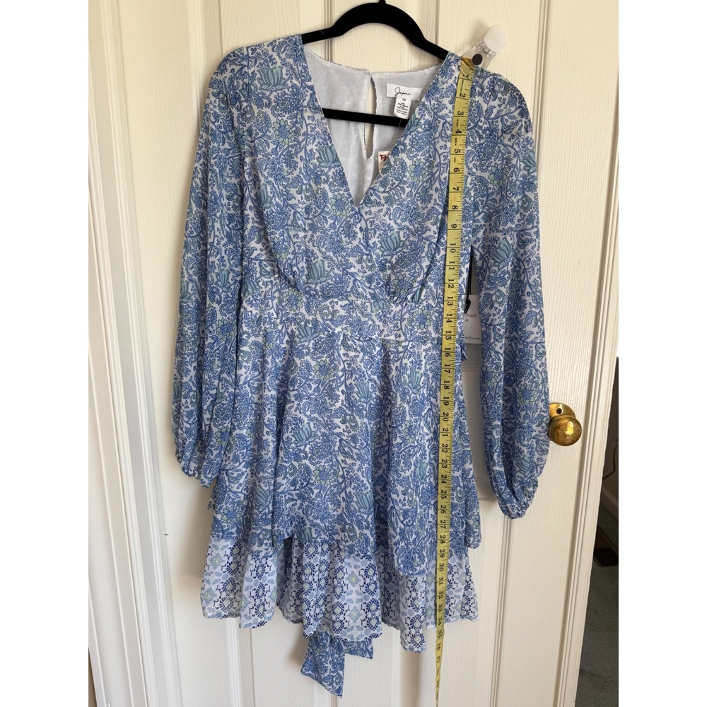 Japna Blue Floral V-Neck Ruffle Mini Dress Long Balloon Sleeve NWT‎ Medium - Picture 6 of 7